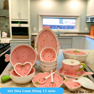 Bát Đĩa Gốm Sứ Decor, Bát Ăn Cơm, Bát Ăn Chè, Chén Dĩa Dễ Thương Bộ Bát Đĩa Dâu Hồng mẫu mới Cực Xinh Yêu