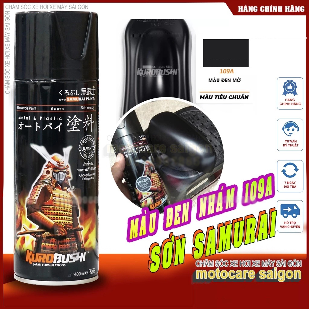 [Tặng nhám P800] Sơn xịt Samurai 109A đen nhám, đen phẳng, đen mờ ( Flat Black) 400ml