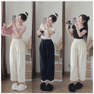    Rẻ vô địch   Set Bộ Áo Thun Nữ Ngắn Tay Thiết Kế Ren Viền Cổ Kèm Quần Đũi Suông Nhún Bèo Xinh Xắn Hottrend 