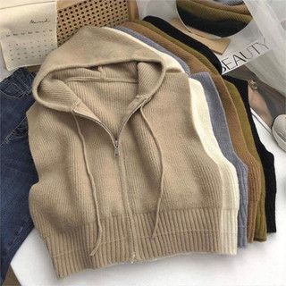Áo gile len nữ có mũ khóa kéo dáng croptop, áo khoác len phối nón hàng quảng châu cao cấp