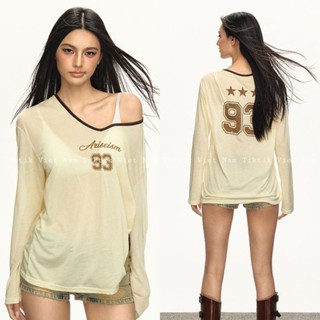 (sẵn) Áo dài tay trễ vai form rộng màu trắng vàng be cổ V thun mỏng xuyên thấu họa tiết số 93 thể thao ATDT019 - Tiktik