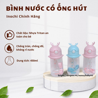 Bình nước inochi cho bé đi học có ống hút - bình uống nước học sinh trẻ em 450ml - không mùi an toàn cho bé