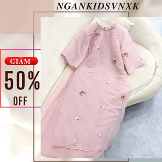 Tt345 momcare bộ áo dài thiết kế tơ thêu cho mẹ và bé - ngankids