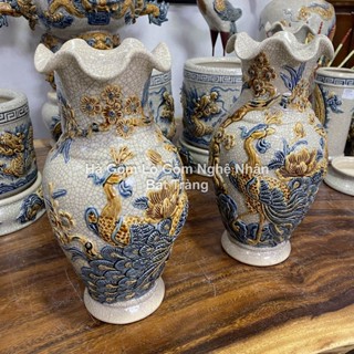 Lọ Hoa Thờ Cúng Lượn Chim Công Hoa Đào - Tài Lộc Phú Quý 26cm, 32cm- Men Rạn Gốm Sứ Bát Tràng