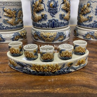 Chum Nước Thờ Cúng - Rượu, Kỷ nước Thờ Cúng - rượu Hoa Sen - Rồng men rạn đắp nổi - chuẩn Bát Tràng