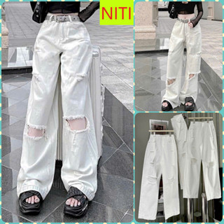 [ORNL1839] QUẦN JEANS ỐNG RỘNG NỮ LƯNG CAO RÁCH 2 MẢNG GỐI TO KÈM 4 MẢNG CÀO NHỎ ĐÙI MÀU TRẮNG LAI CUỐN TÔN DÁNG