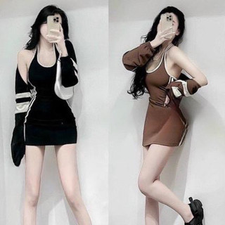 Sét đầm yếm viền màu 2 sọc đứng bên ôm body ngắn phối áo khoác thom cực hot , chất thun gân dày dặn