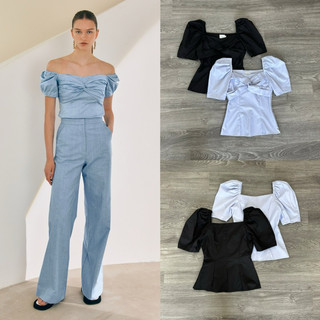 HIPU.VNXK - Áo nữ cổ vuông tay ngắn xoắn ngực, 2 màu.