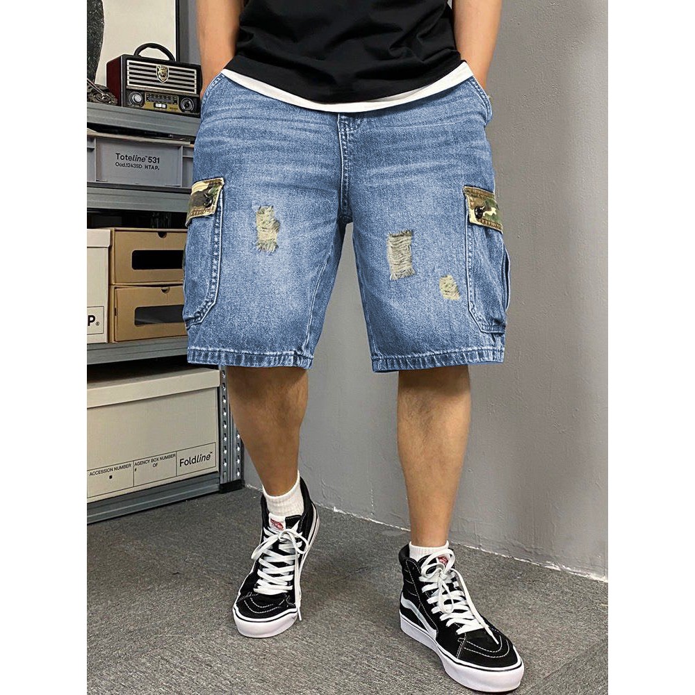 Quần short Jean nam Quảng Châu cao cấp phom to đại quần túi hộp phối dàn di xước rách phong cách thể thao nam tính 1182