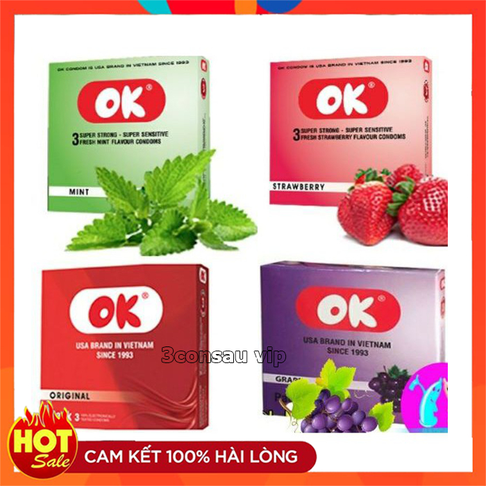 Bao cao su Ok, bao cao su siêu mỏng mùi hương dâu tây, bạc hà, socola, không mùi, hộp 3 bcs