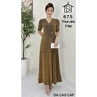 Đầm maxi trung niên dự tiệc sang trọng vải thun nhũ cao cấp đính đá, tặng mẹ co giãn tốt bigsize 80kg M675