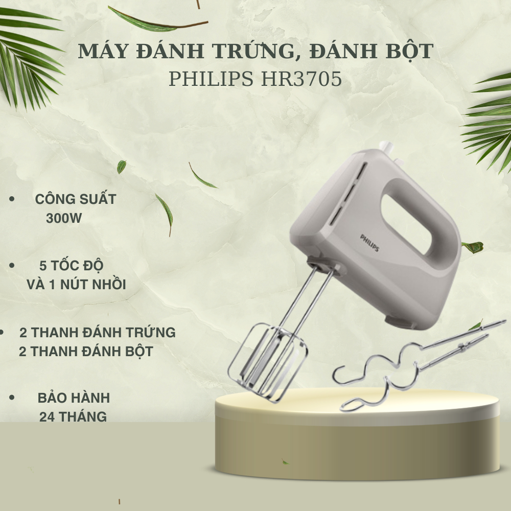 Máy Đánh Trứng, Đánh Bột PHILIPS HR3705 - Chức Năng Turbo Mạnh Mẽ + 5 Tốc Độ Đánh Thông Minh - Bảo Hành 24 Tháng