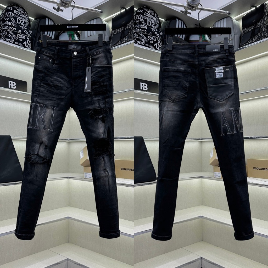 Quần jean bò nam Amiri skinny đen xám thêu chữ da đùi rách xù vá phối túi da 4 cúc chữ boy phố QJ297P