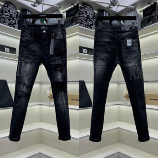Quần jean bò nam Amiri skinny đen xám thêu chữ da đùi rách xù vá phối túi da 4 cúc chữ boy phố QJ297P