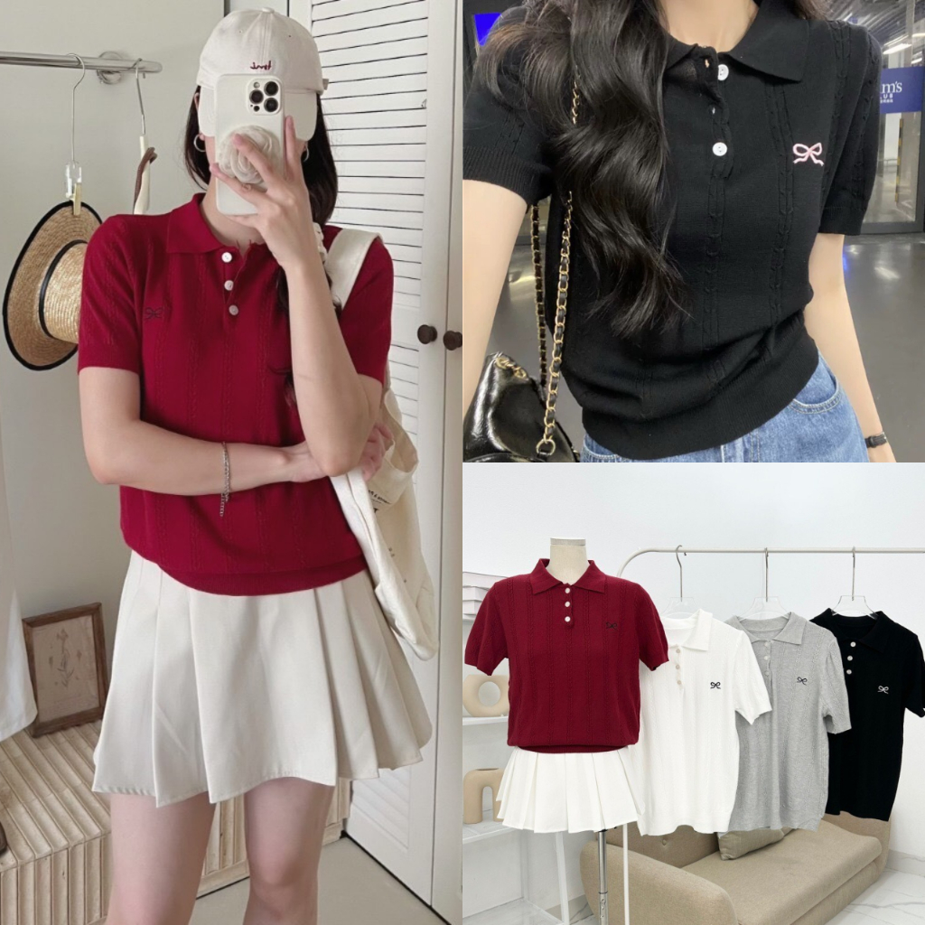 (Hàng QC) Áo Len Polo Mongtoghi Thêu Nơ Nhỏ Xinh Xắn, Labibi