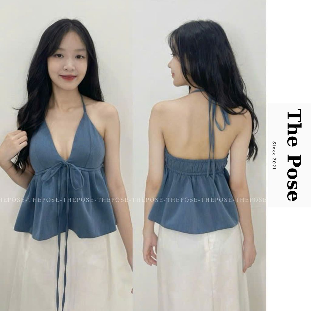ÁO DÂY LINEN CỘT CỔ BABYDOLL, HỞ LƯNG SEXY, CÓ MÚT Có 2 Size S M - THE POSE