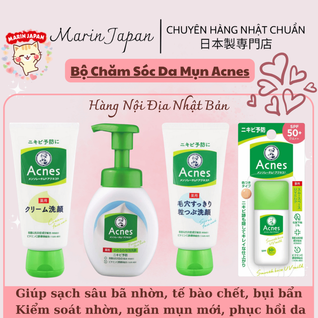 Sữa Rửa Mặt, Nước Hoa Hồng Lotion, Kem Chống Nắng Hỗ Trợ Giảm Mụn, Trứng Cá Acnes Nhật Bản