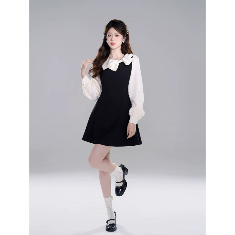  váy xinh liền thân tiểu thư đầm kiểu xinh dài tay kiểu dáng Hàn Quốc chiết eo xòe HN258 nơ cổ lệch 