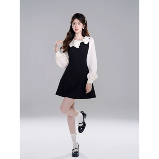 váy xinh liền thân tiểu thư, đầm kiểu xinh dài tay kiểu dáng Hàn Quốc, chiết eo xòe HN258 nơ cổ lệch