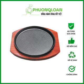 Chảo gang nướng tròn đế gỗ dùng bò né nướng thịt