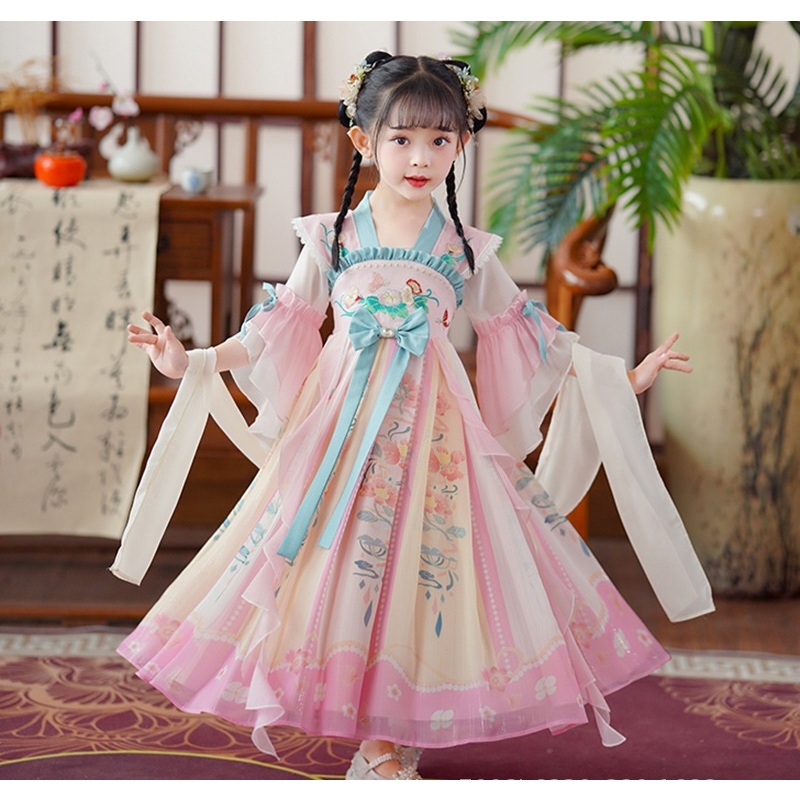 Đầm váy công chúa cổ trang hanfu thêu hoa cho bé gái diện lễ tết trung thu đẹp size 100-160 hàng Quảng Châu