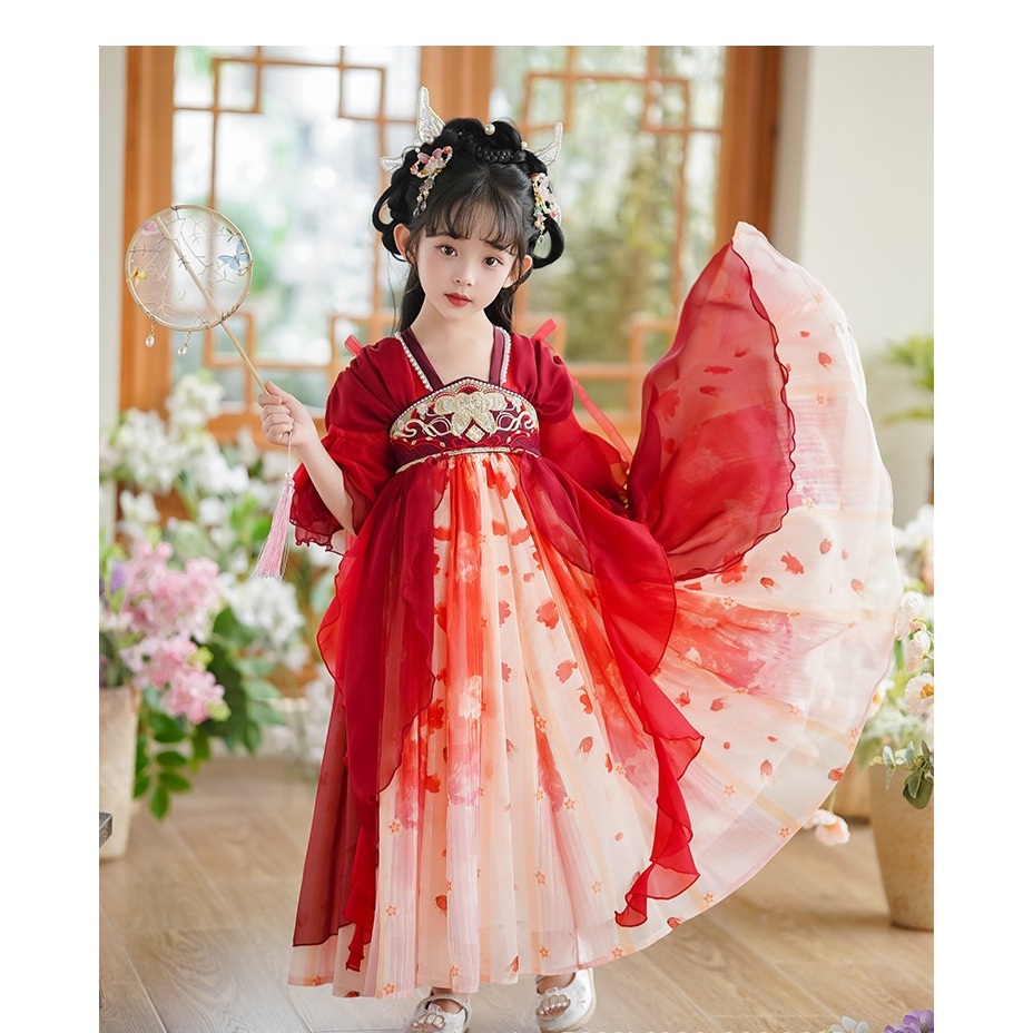 Đầm váy công chúa cổ trang hanfu thêu hoa cho bé gái diện lễ tết trung thu đẹp size 100-160kg hàng Quảng Châu