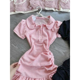 [9.9 Sales Freeship] Đầm thun tăm lạnh tay ngắn ôm body thêu nơ dáng ngắn xòe tầng rút dây eo tôn dáng ht