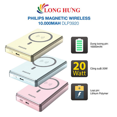 Sạc dự phòng từ tính không dây Philips Magnetic Wireless 10.000mAh DLP3920 - Hàng chính hãng