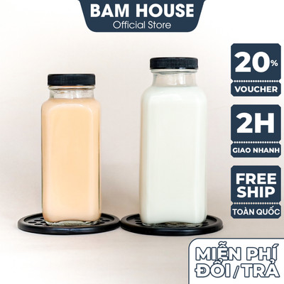 Combo 5 Chai thuỷ tinh vuông cao Bam House dung tích 250ml 500ml nắp nhựa đen cao cấp CSV05
