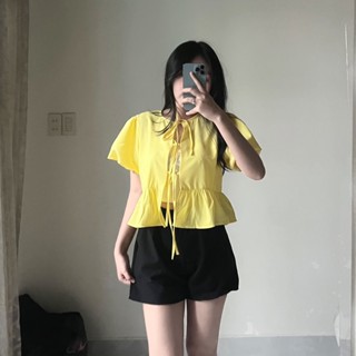 BARE_Áo babydoll dáng ngắn , Áo croptop tay phồng thắt nơ tặng kèm áo hai dây trong- A364