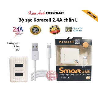 Bộ Sạc nhanh Koracell 2.4A chân L (2 cổng USB), check Qr kiểm tra hàng chính hãng, bảo hành 12 tháng