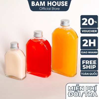 Combo 5 Chai thủy tinh dẹt xén vai Bam House dung tích 100ml 250ml 350ml 500ml có nắp thiết cao cấp CXV05