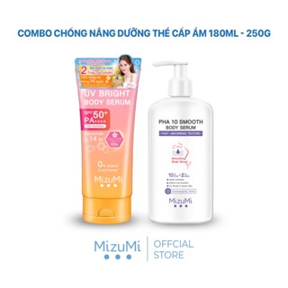 Bộ Đôi Chống Nắng Dưỡng Thể MizuMi UV Body Serum 180ml và B3 AHA Intense White Body 250g / PHA 10 Smooth Body Serum