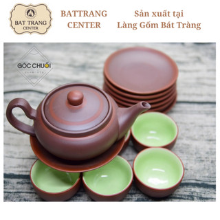 Gốm sứ Bát Tràng-Ấm chén tử sa,đất nung đỏ-Bộ trà đạo,dáng bẹt(bộ không đi kèm 2 món phụ kiện)