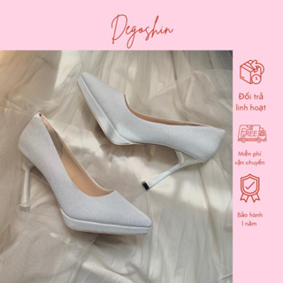  Giày cưới cao gót trắng 10p dạ nhũ kim tuyến lấp lánh nhẹ nhàng êm chân Degoshin. 