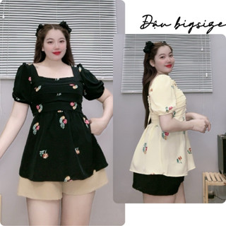 Set bộ bigsize nữ áo babydoll tay phồng cổ vuông bèo nhún trước ngực kèm quần ống rộng lưng thun co giãn - SET55
