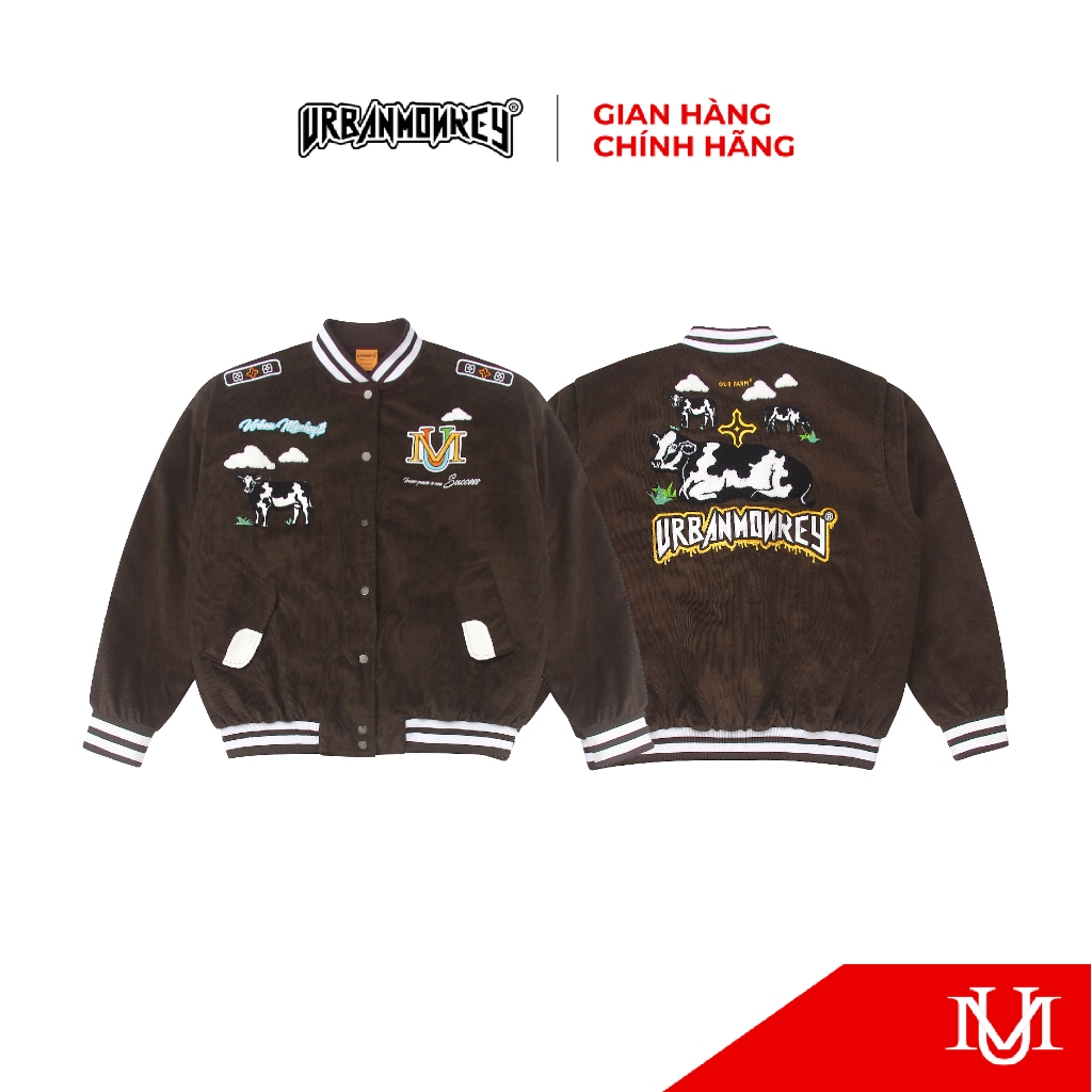 Áo Khoác Varsity Unisex URBAN MONKEY " Varsity Our Farm Kakao " Chất Liệu Nhung Tăm Phối Màu Nâu Kak