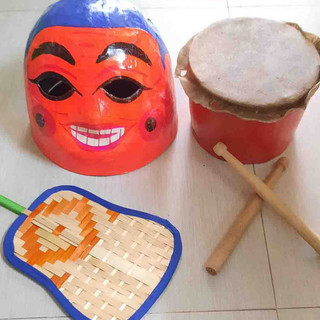 Combo đầu ông địa + trống lân (gồm quạt và 2 dùi)