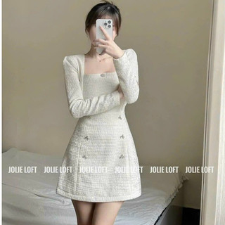 Đầm Dạ Cổ Vuông Tay Dài JARI CLOTHES Dễ Thương Đính Nơ Đá .