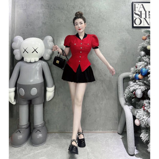 Sét Áo Dạ Đỏ Viền Đen + Chân Váy Đen Xếp Ly JARI - CLOTHES Dễ Thương Dành Cho Nữ
