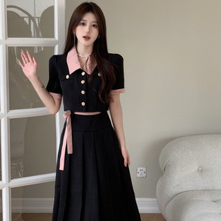 🌸 Sét Áo Cổ Bẻ Dài Phối Màu Croptop Chân Váy Xếp Ly 2M Kèm Dây