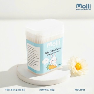 Tăm Bông Sơ Sinh Molli Thân Giấy Kháng Khuẩn Hộp 200 cái