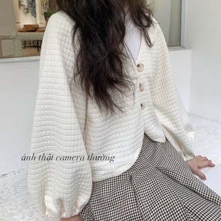  METWO. - Áo khoác cardigan nỉ xốp ô chìm cổ V dáng lửng croptop tay bồng form rộng dày dặn tiểu thư ulzzang HQ #86033 