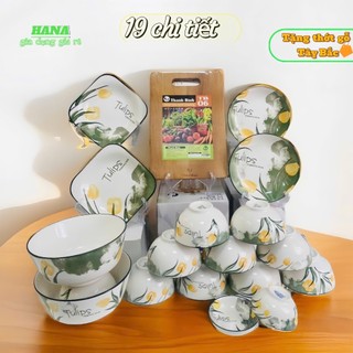 Bộ bát đĩa sứ, bộ bát ăn cơm gốm sứ Bát Tràng 19 chi tiết họa tiết hoa tuy luýp tặng Thớt