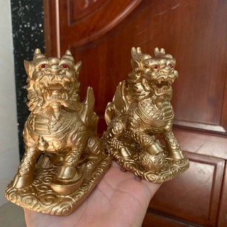 Cặp 2 Tượng Đá Tỳ Hưu 2 Sừng - Trang Trí Bàn Làm Việc - Cao 12cm - Màu Nhũ Vàng