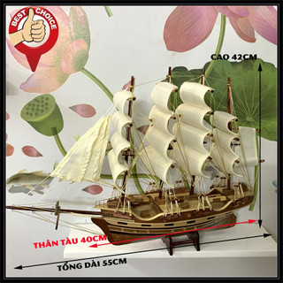 [Dài 55cm] Mô hình thuyền gỗ thuyền trang trí tàu chở hàng France II - Thân tàu dài 40cm - Buồm màu trắng vàng