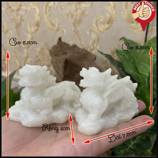 Cặp 2 tượng đá tỳ hưu trang trí phong thủy bàn làm việc - Chiều Cao 5.5cm - Trắng Đá Non Nước - Size Nhỏ
