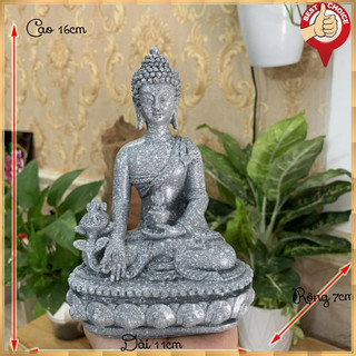 Tượng đá đức Phật Dược Sư trang trí ngồi thiền trên đài sen quà tặng phật giáo  - Chiều cao tượng 16cm - Màu xám