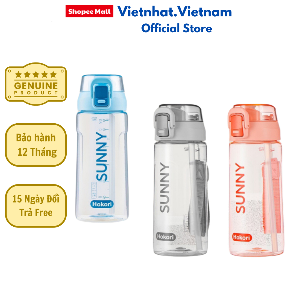 Bình Nước Sunny 630ml Việt Nhật Hokori, Bình Nước Thể Thao Có Uống Hút, Có Quai Sách