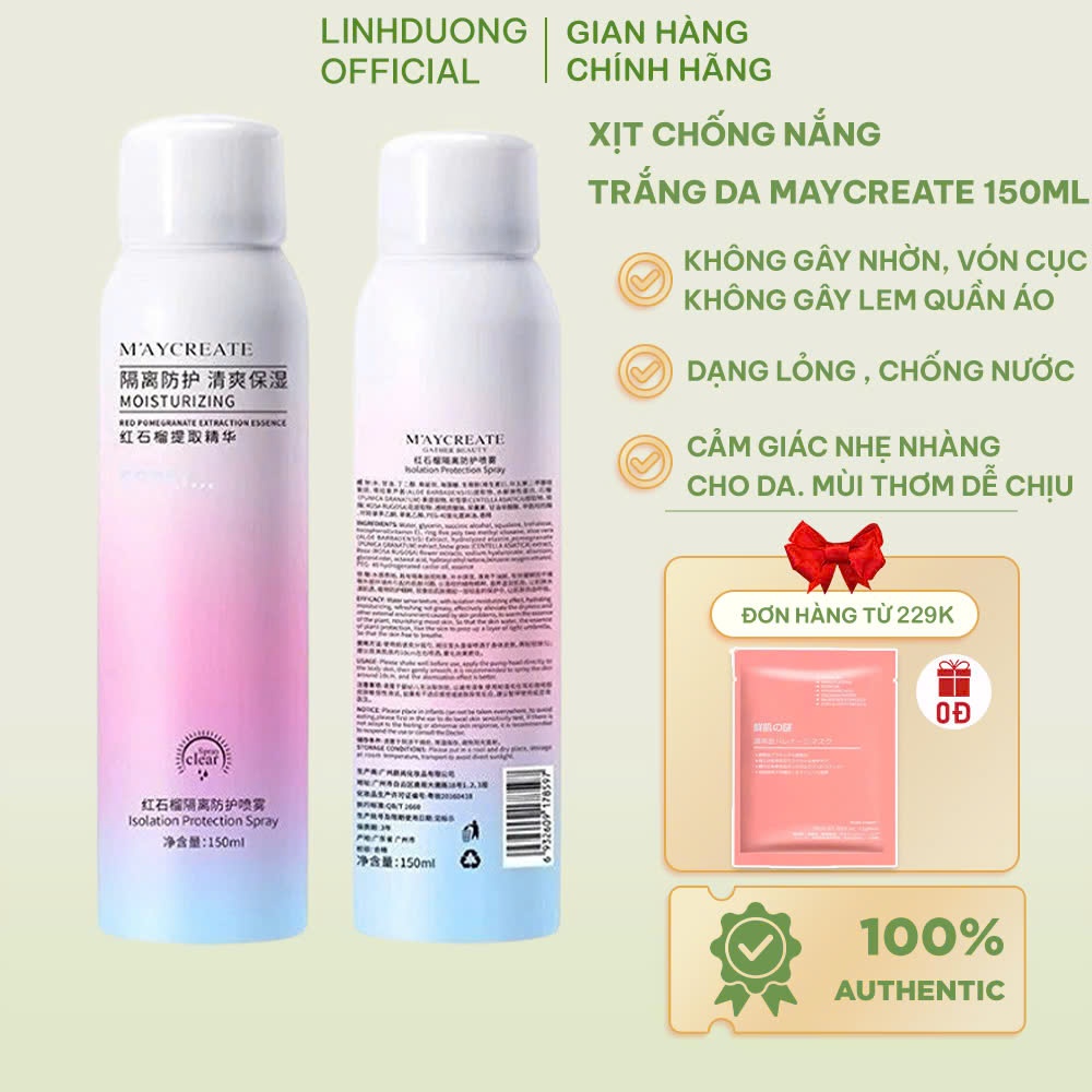 Xịt chống nắng trắng da MayCreate 150ml ,Xịt chống nắng cho Makeup hỗ trợ che khuyết điểm